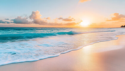Fototapeta premium Crystal-clear turquoise waters with gentle waves lapping at a pristine beach under a golden sunset