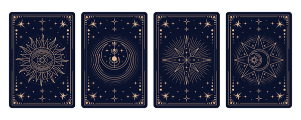 Magic tarot cards, mystic esoteric occult frames showcase intricate patterns and occult symbols like stars, sun, crescent moon, eye. Vector spiritual supernatural cards for astrology and mysticism
