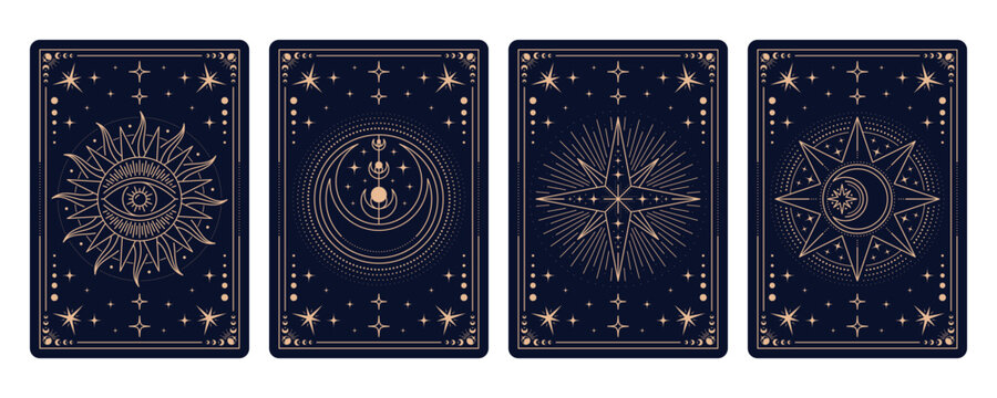 Magic tarot cards, mystic esoteric occult frames showcase intricate patterns and occult symbols like stars, sun, crescent moon, eye. Vector spiritual supernatural cards for astrology and mysticism