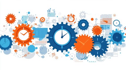 Modern Minimalistic Typography with Gears and Clock Symbolizing Productivity and Efficiency