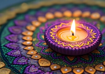 beautiful mandala pattern on the purple ground, with an oil lamp placed in front of it.
