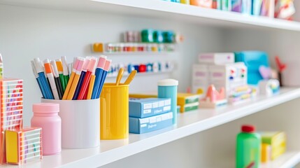 Obraz premium Colorful art supplies arranged on shelves in a creative workspace, symbolizing education, creativity, and artistic expression.