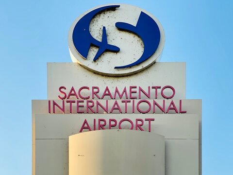 Sacramento California International Airport sign at the entrance. SMF code.