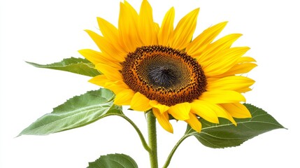 Obraz premium A bright sunflower in full bloom, isolated on solid white background, showing vibrant yellow petals and dark center, ideal for nature-themed designs.