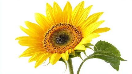 Fototapeta premium A bright sunflower in full bloom, isolated on solid white background, showing vibrant yellow petals and dark center, ideal for nature-themed designs.