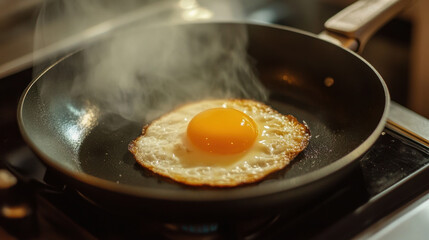 Fried egg sizzling in pan, creating delicious aroma and steam