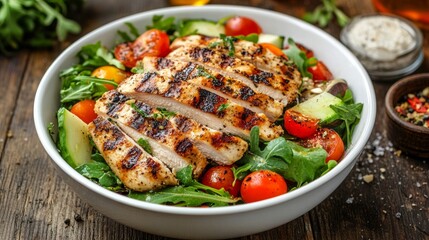 Delicious grilled chicken breast slices, fresh veggies, and seasonings are served in a white bowl on a wooden table as a Caesar-style salad.
