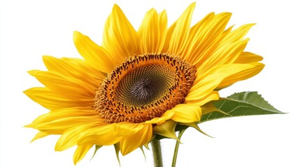 Naklejka premium A fully bloomed sunflower with bright yellow petals and a dark brown center, isolated on white background, ideal for cheerful and clean design themes.