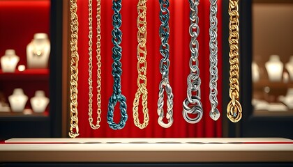 Elegant display of intricately woven jewelry chains against a rich red backdrop in an innovative jewelry business setting