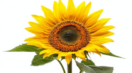 Obraz premium A fully bloomed sunflower with bright yellow petals and a dark brown center, isolated on white background, ideal for cheerful and clean design themes.
