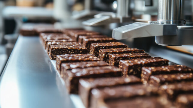 Close up of plant based protein bar being manufactured in factory