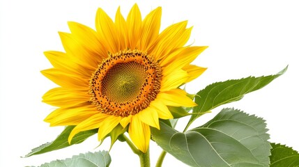 Obraz premium A single sunflower in full bloom, with vivid yellow petals and a deep brown center, isolated on a pure white background, perfect for summer-inspired visuals.