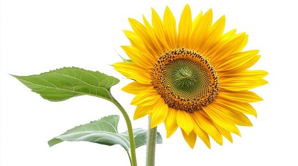 Fototapeta premium A single sunflower in full bloom, with vivid yellow petals and a deep brown center, isolated on a pure white background, perfect for summer-inspired visuals.