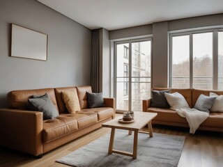 Modern Living Room with Leather Sofa and Wooden Coffee Table