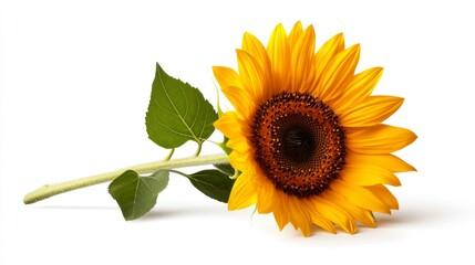 Naklejka premium A single sunflower in full bloom, with vivid yellow petals and a deep brown center, isolated on a pure white background, perfect for summer-inspired visuals.