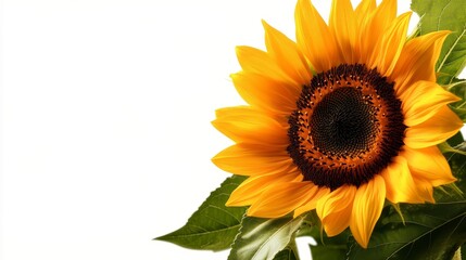 Obraz premium A vibrant sunflower with detailed yellow petals and green leaves, isolated on a white background, soft lighting, ideal for summer-themed designs.