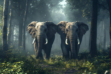 Two elephants standing in a misty forest, surrounded by lush greenery.