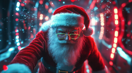 Obraz premium A vibrant 3D hologram of Santa Claus in neon colors, reaching out with joyful expression amidst festive background. scene captures magic of Christmas