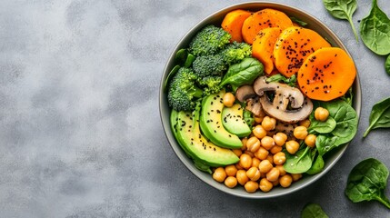 avocado, spinach, broccoli, mushrooms, chickpeas, and pumpkin in a nutritious vegan lunch bowl with a light backdrop. salad of veggies. top view.
