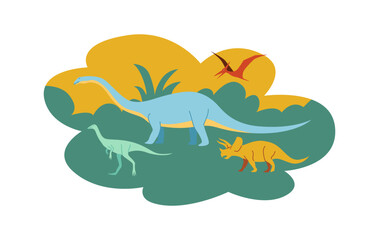Different dinosaurs walk on grass cloud flat color vector icon. Diverse group of reptiles for education illustration on white background