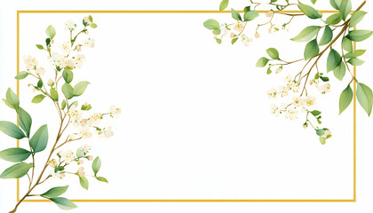 Watercolor illustration of a floral border with white blossoms and green leaves on a white background with a gold frame.