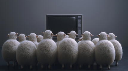 Sheep with TV screens, brain addicted to social media, manipulation and mind control by media, disconnected to reality