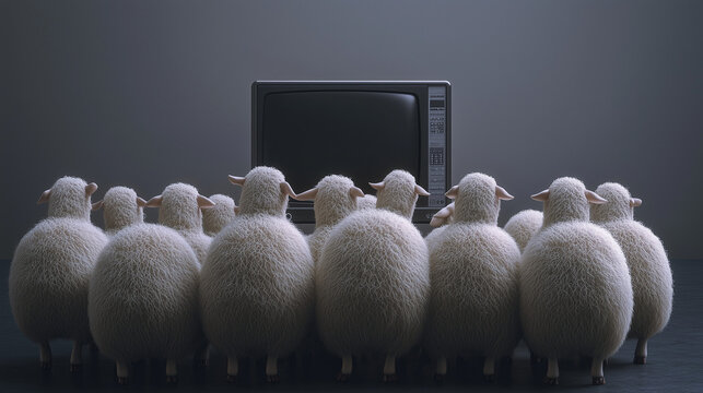 Sheep with TV screens, brain addicted to social media, manipulation and mind control by media, disconnected to reality