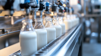 Filling bottles with plant based milk in modern production line