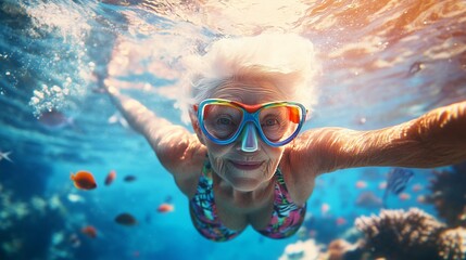 Fototapeta premium An elderly woman swims gracefully, colorful goggles glinting, in a vibrant underwater paradise.