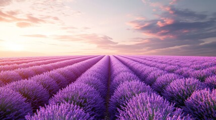 Obraz premium Tranquil lavender field with rows of purple blooms under a clear sky, peaceful and serene atmosphere, on solid white background, single object