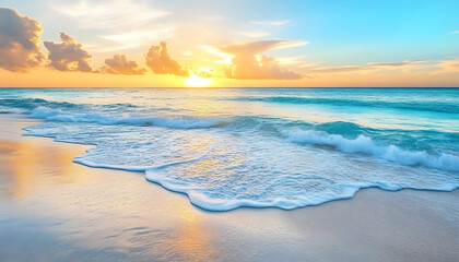 Obraz premium Crystal-clear turquoise waters with gentle waves lapping at a pristine beach under a golden sunset