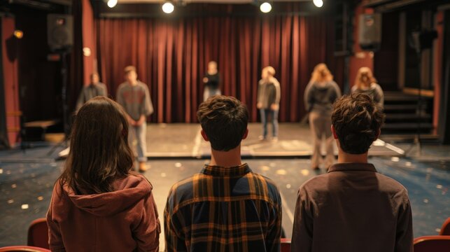 Community theater group rehearsing for a play in a local hall