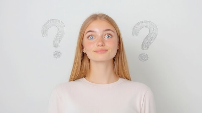 Curious Contemplation, a young woman gazes upwards amidst hand-drawn question marks on a soft gray backdrop, inviting thoughts and reflections in open space. - Powered by Adobe