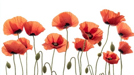 Vibrant red poppies swaying in the breeze, isolated on solid white background
