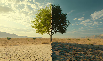 A tree with lush green leaves on one side and dry brown leaves on the other, standing in a cracked, dry desert landscape.