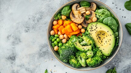 avocado, spinach, broccoli, mushrooms, chickpeas, and pumpkin in a nutritious vegan lunch bowl with a light backdrop. salad of veggies. top view.
