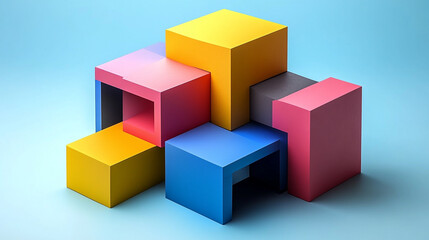 Colorful abstract blocks arranged playfully, creating a vibrant and dynamic composition on a soft blue background.