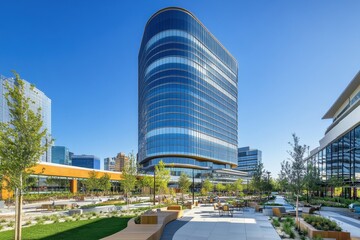 Obraz premium Modern architectural structure surrounded by landscaped greenery and seating areas.