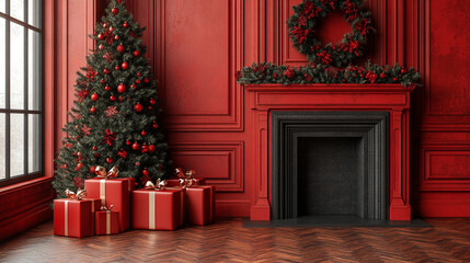 Cozy Christmas scene featuring a decorated tree, festive gifts, and a beautiful wreath in a warm red-toned interior.