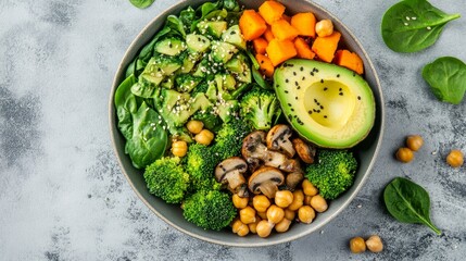 avocado, spinach, broccoli, mushrooms, chickpeas, and pumpkin in a nutritious vegan lunch bowl with a light backdrop. salad of veggies. top view.
