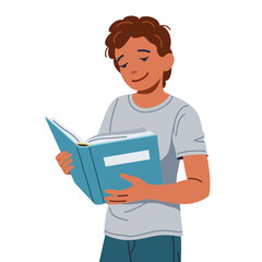 Smiling boy reads textbook flat color vector illustration. Curious teen schoolboy with pleasant smile studies science concept icon on white