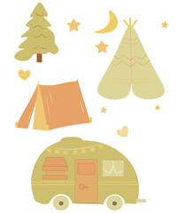 vector camp set, vector tent and travel machine, flat illustration