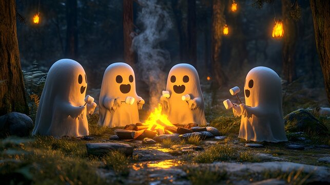 A group of cute 3D-rendered ghosts sitting around a campfire roasting marshmallows with a glowing forest background