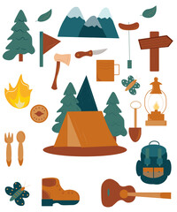 Travel camp set vector illustration. Traveling collection, tent and fire, accessories needed in trip. backpack, mountains and food flat illustration on white background