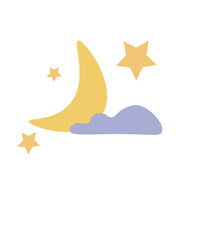 vector illustration of the month and stars and clouds. Flat illustration for children of the month and stars on a white background