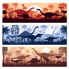 Prehistoric era landscape with dinosaurs silhouettes, horizontal banners. Vector backgrounds with dino species shadows roaming peacefully at sunset scene with palm trees in front of large dusk sky © Vector Tradition