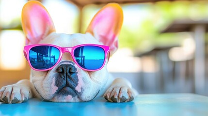 A relaxed French bulldog wearing stylish sunglasses, enjoying a sunny day, exuding charm and personality in a vibrant setting.