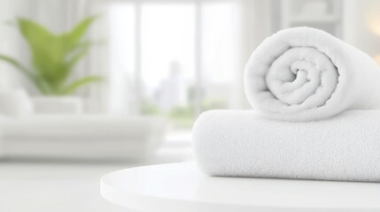 White towels neatly arranged on a pristine table, soft hues creating a serene atmosphere, inviting comfort in a blurred, cozy living room setting.