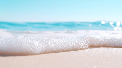Obraz premium Gentle Ocean Wave Caressing Sandy Shore, a tranquil scene showcasing the rhythmic motion of water meeting land, inviting calmness and serenity to the beach atmosphere