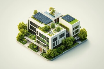 Modern eco-friendly buildings with green roofs and solar panels in a landscaped setting.